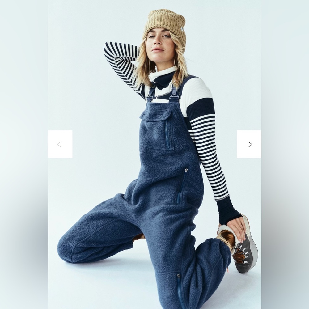 Free People Hit the Slopes Salopette Fleece Sherpa Overalls Blue Large - Picture 2 of 11